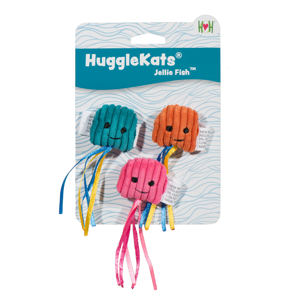 HuggleKats Jellie Fish plush cat toy set in packaging on a white background.