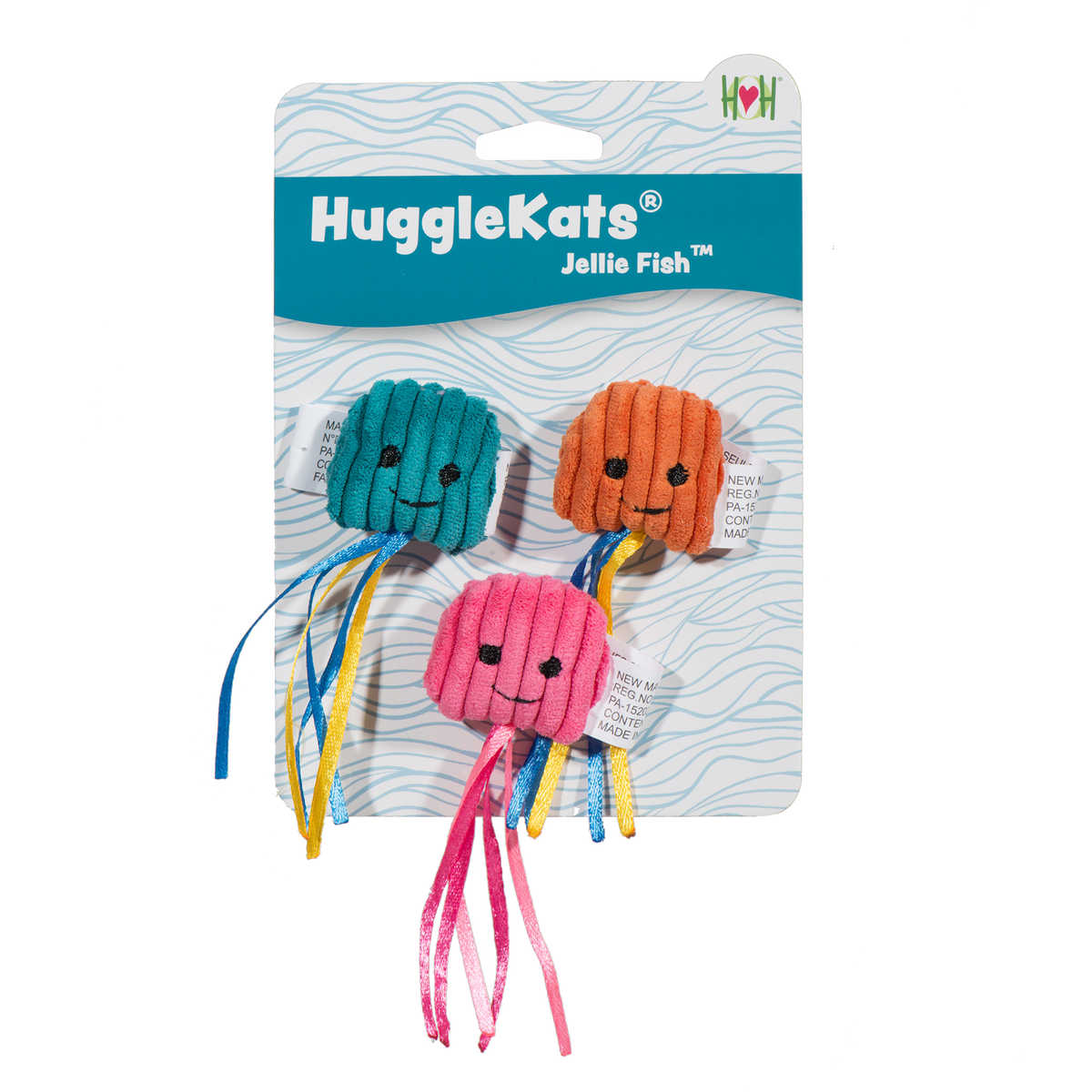 HuggleKats Jellie Fish plush cat toy set in packaging on a white background.