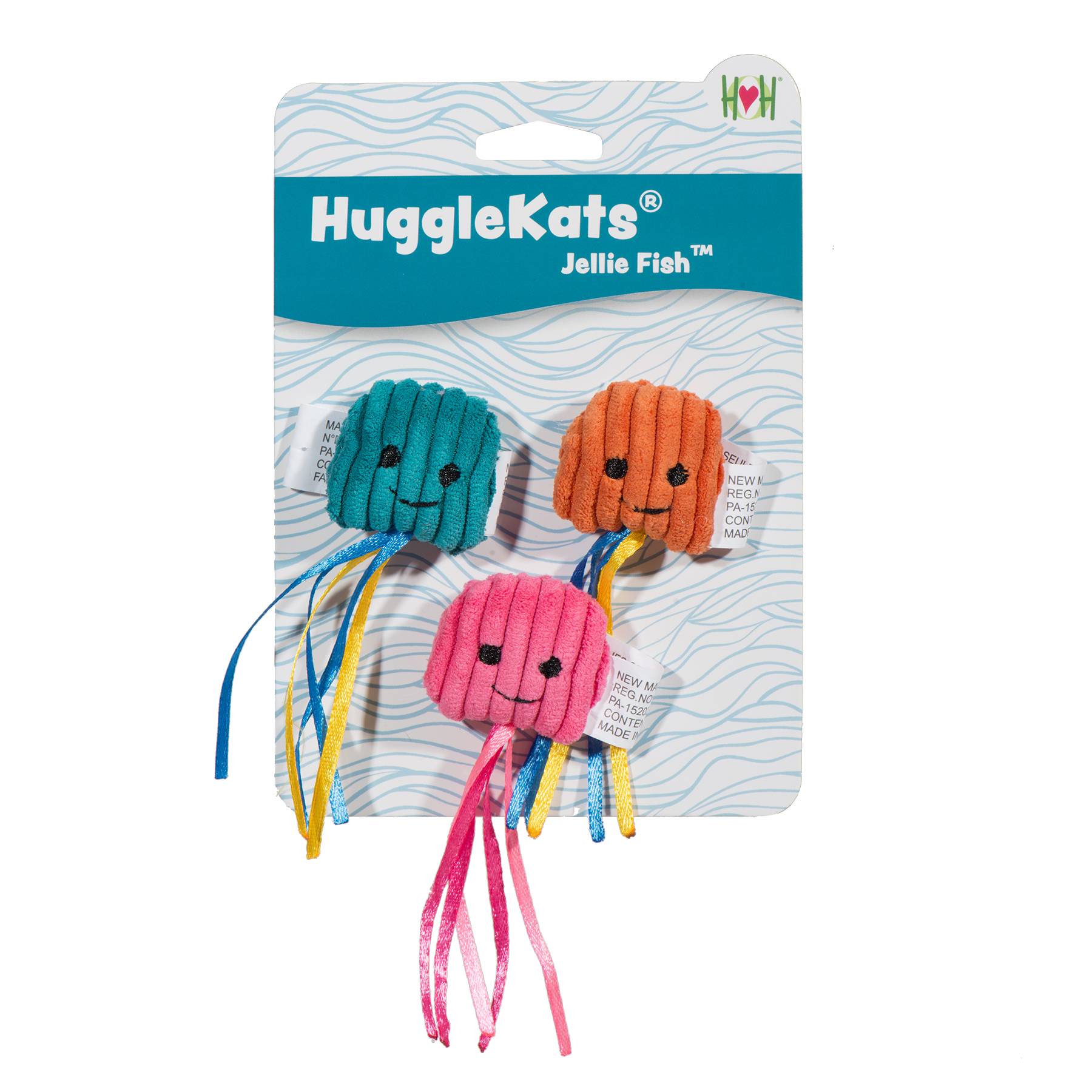 HuggleKats Jellie Fish plush cat toy set in packaging on a white background.