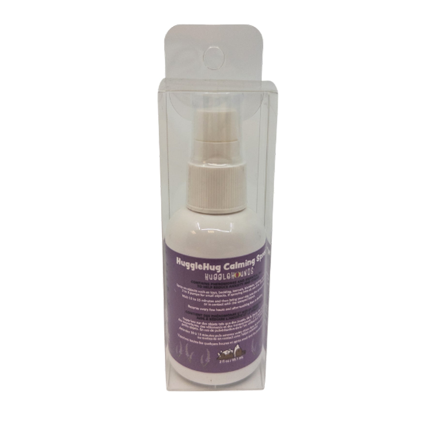 HuggleHug Calming Spray bottle with purple label on a white background.