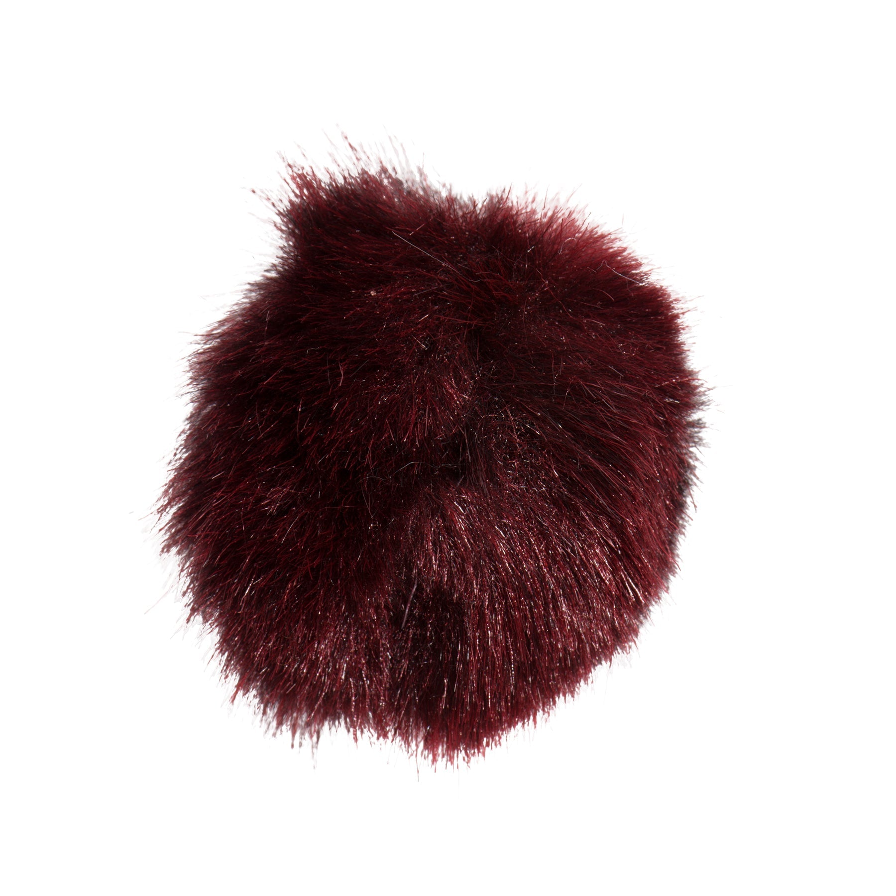 Maroon faux fur cat toy pom-pom on a white background.