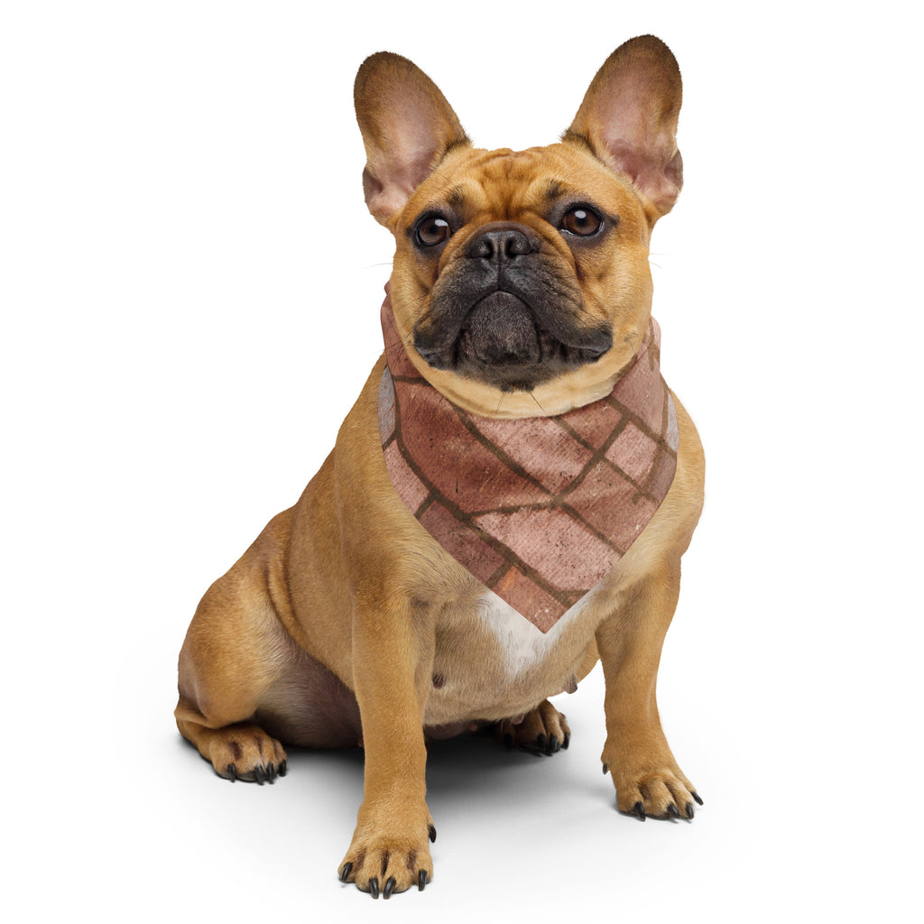 Cute dog wearing a neutral patterned all over print bandana. 