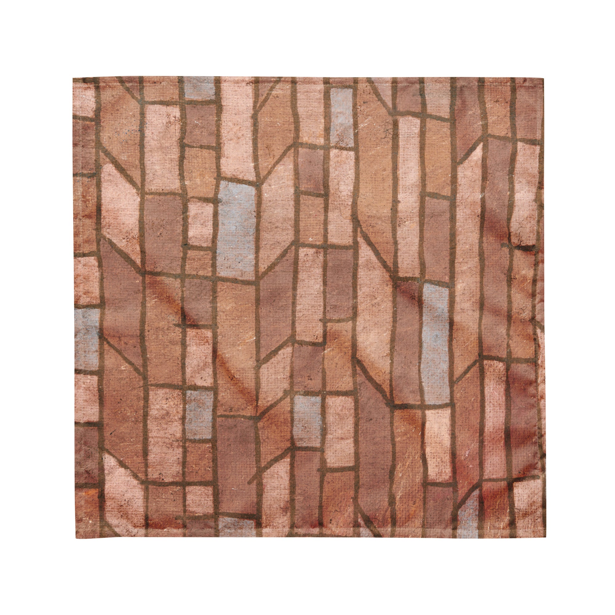 Bandana with a pattern of interlocking rectangular tiles in earthy tones on a white background.