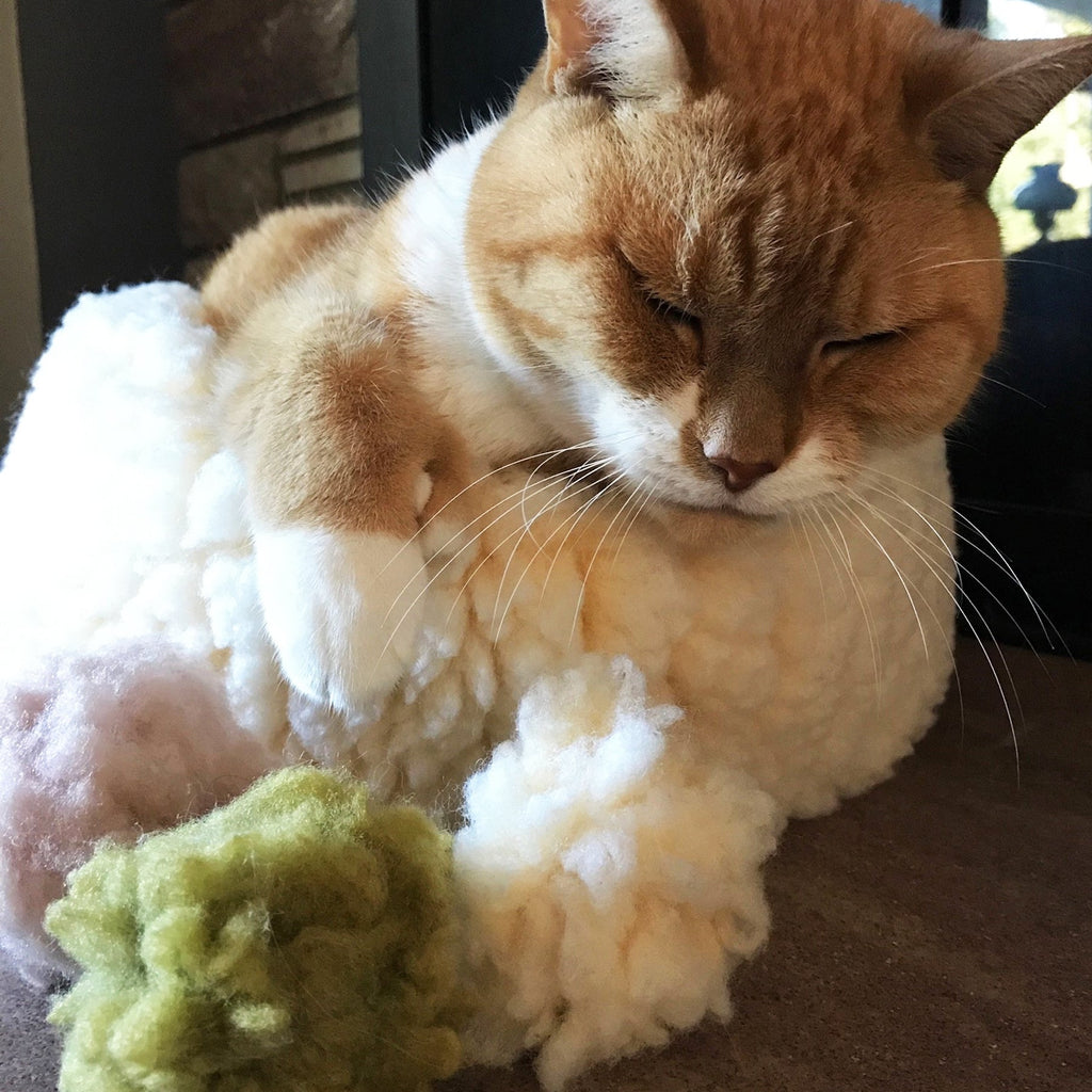 Orange and white cat lying on a fluffy white blanket with a green toy nearby.
