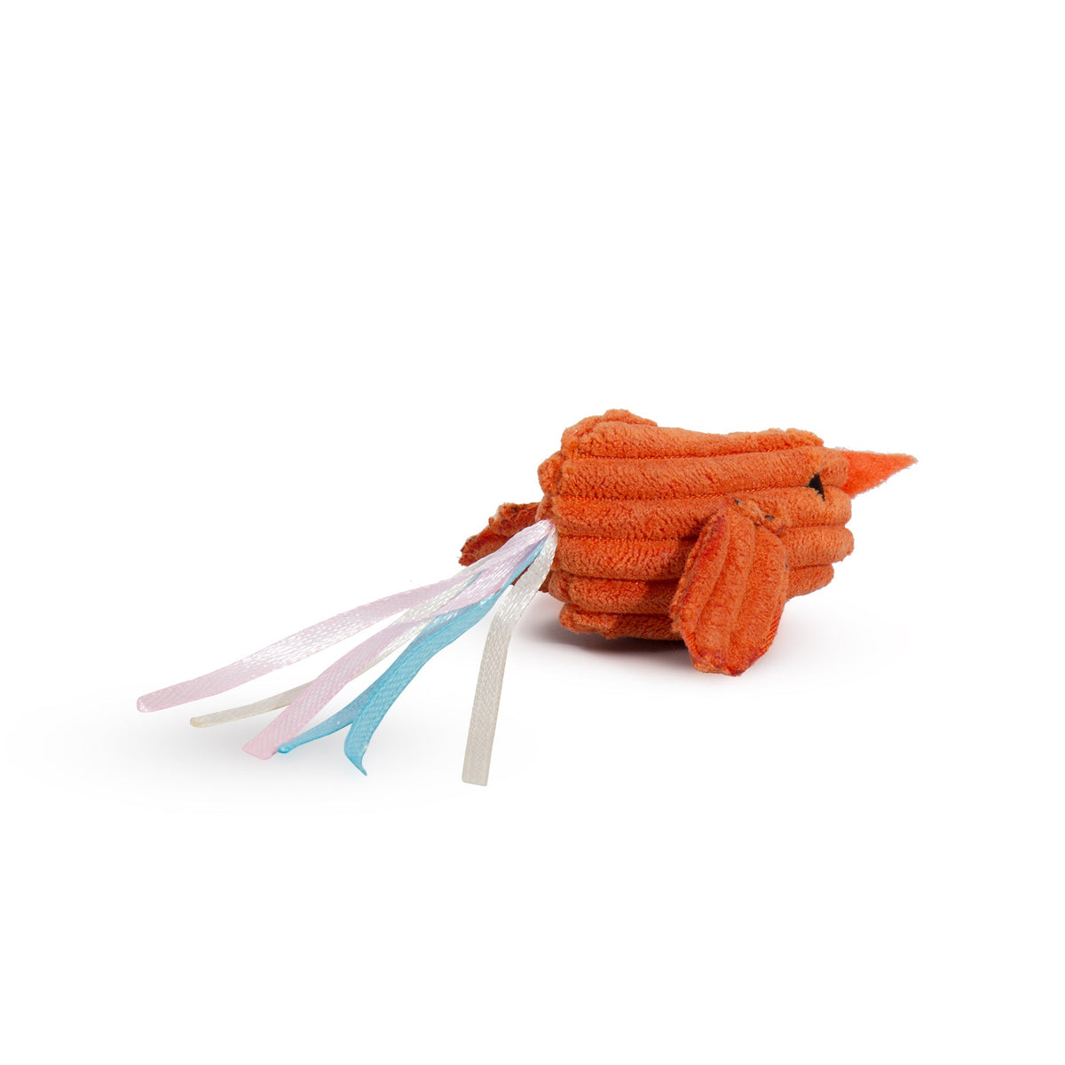 Orange bird-shaped plush cat toy with colorful tails on a white background.