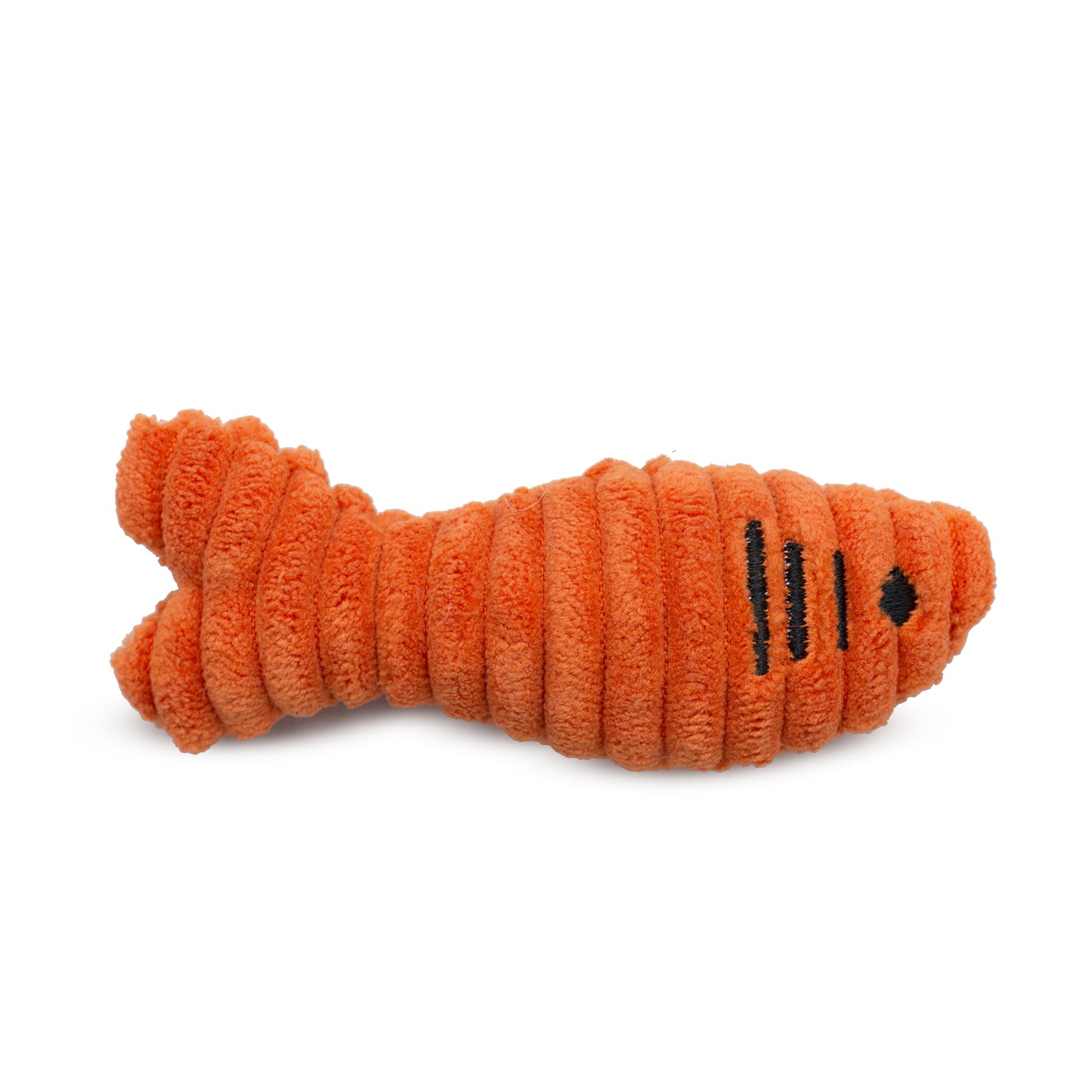 Orange plush cat fish toy shaped like a carrot on a white background.