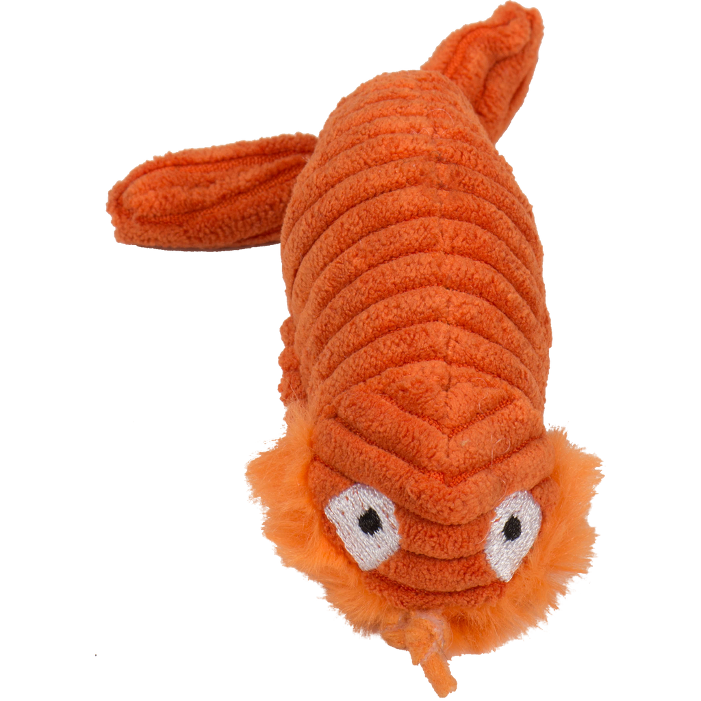Orange plush shrimp cat toy with a textured surface on a white background.
