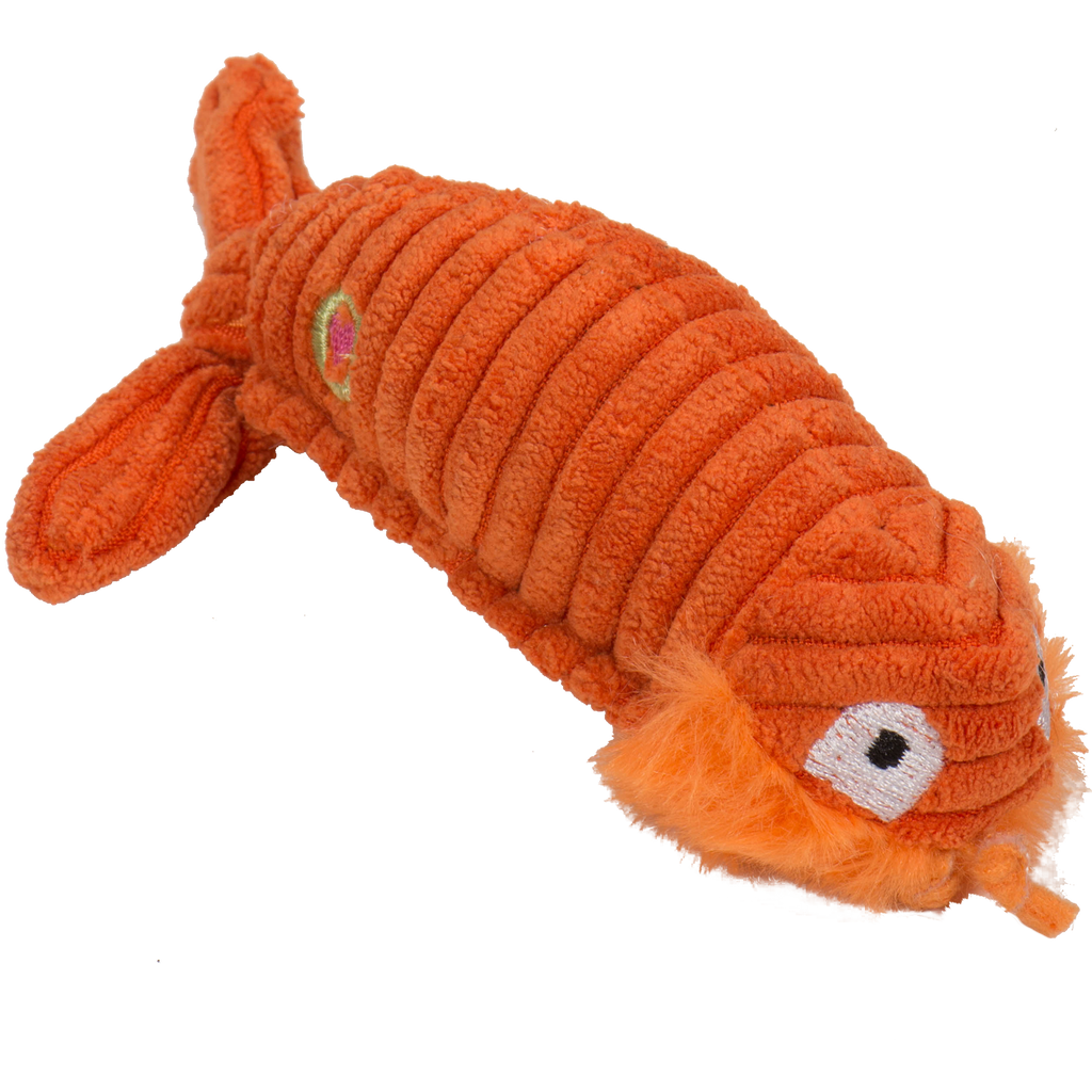 Orange shrimp plush cat toy on a white background.