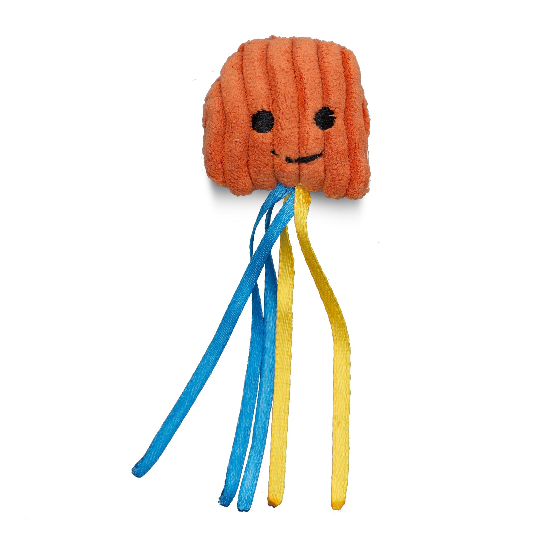 Plush cat toy with a smiling face, orange body, and blue and yellow tassels on a white background.