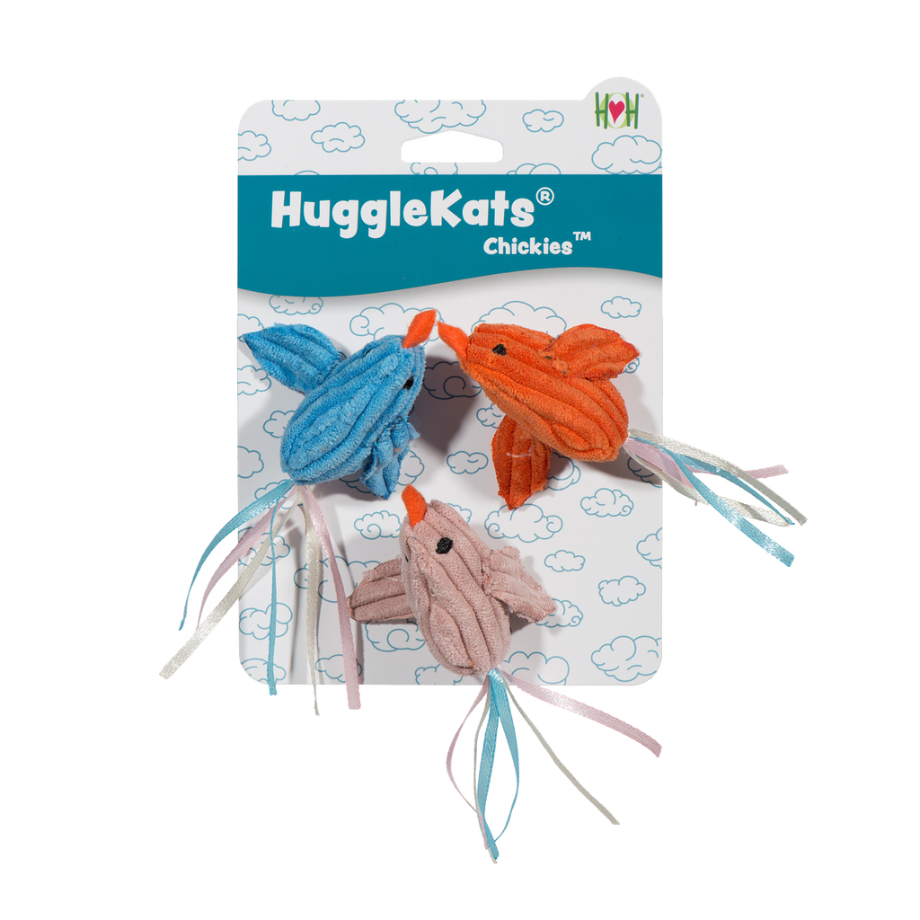 HuggleKats plush Chickies cat toy set on a white background.