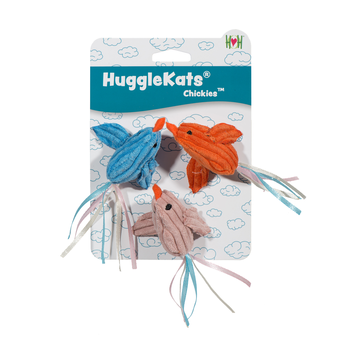 HuggleKats plush Chickies cat toy set on a white background.