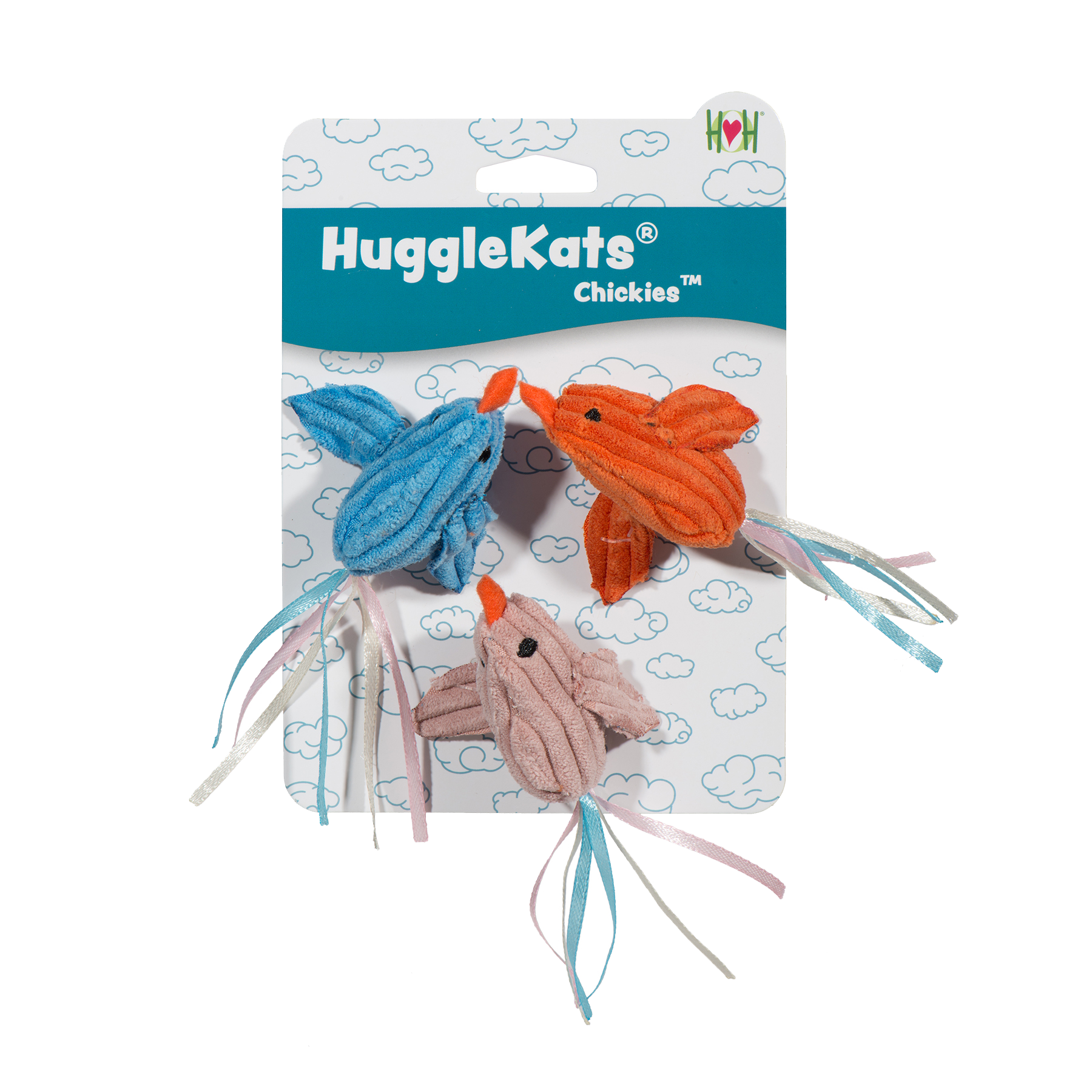 HuggleKats plush Chickies cat toy set on a white background.