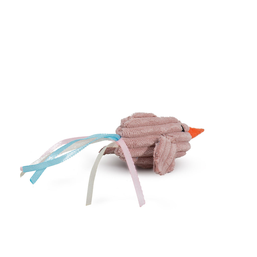 Cat toy with a plush bird and colorful ribbons on a white background.