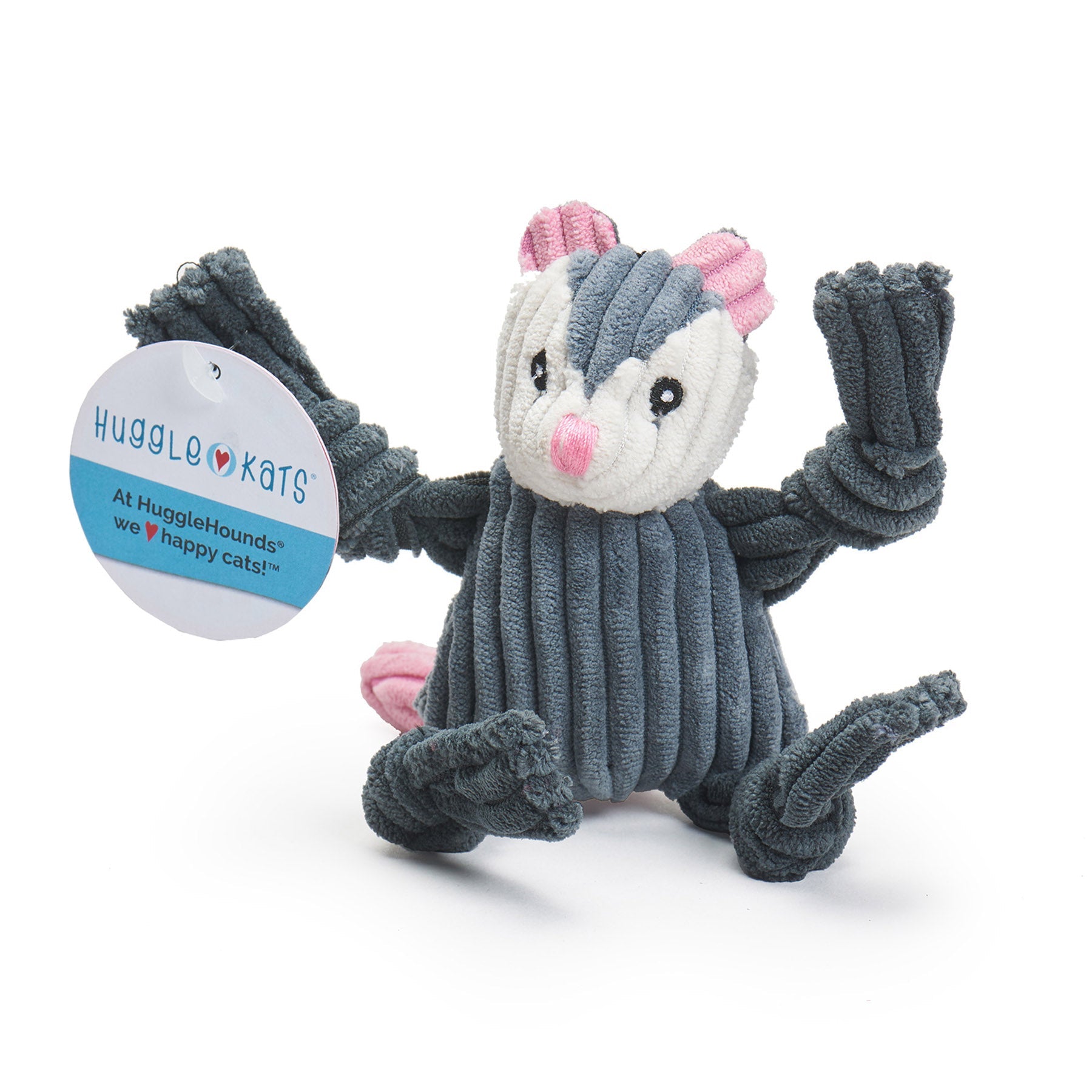 Gray and pink plush cat toy with a tag labeled 'HuggleKats' on a white background.