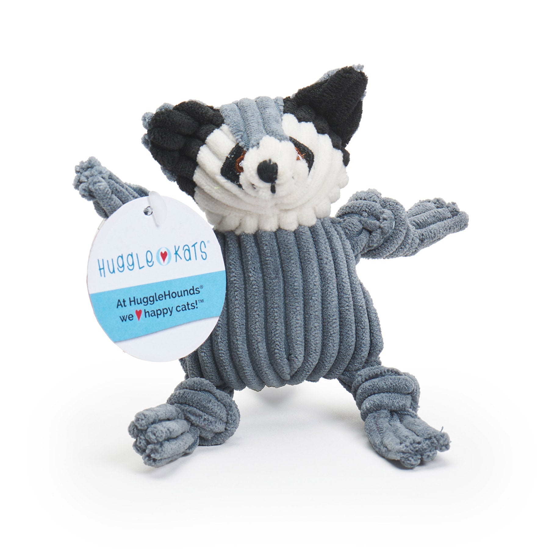 Plush cat toy raccoon with a HuggleMunks tag on a white background.