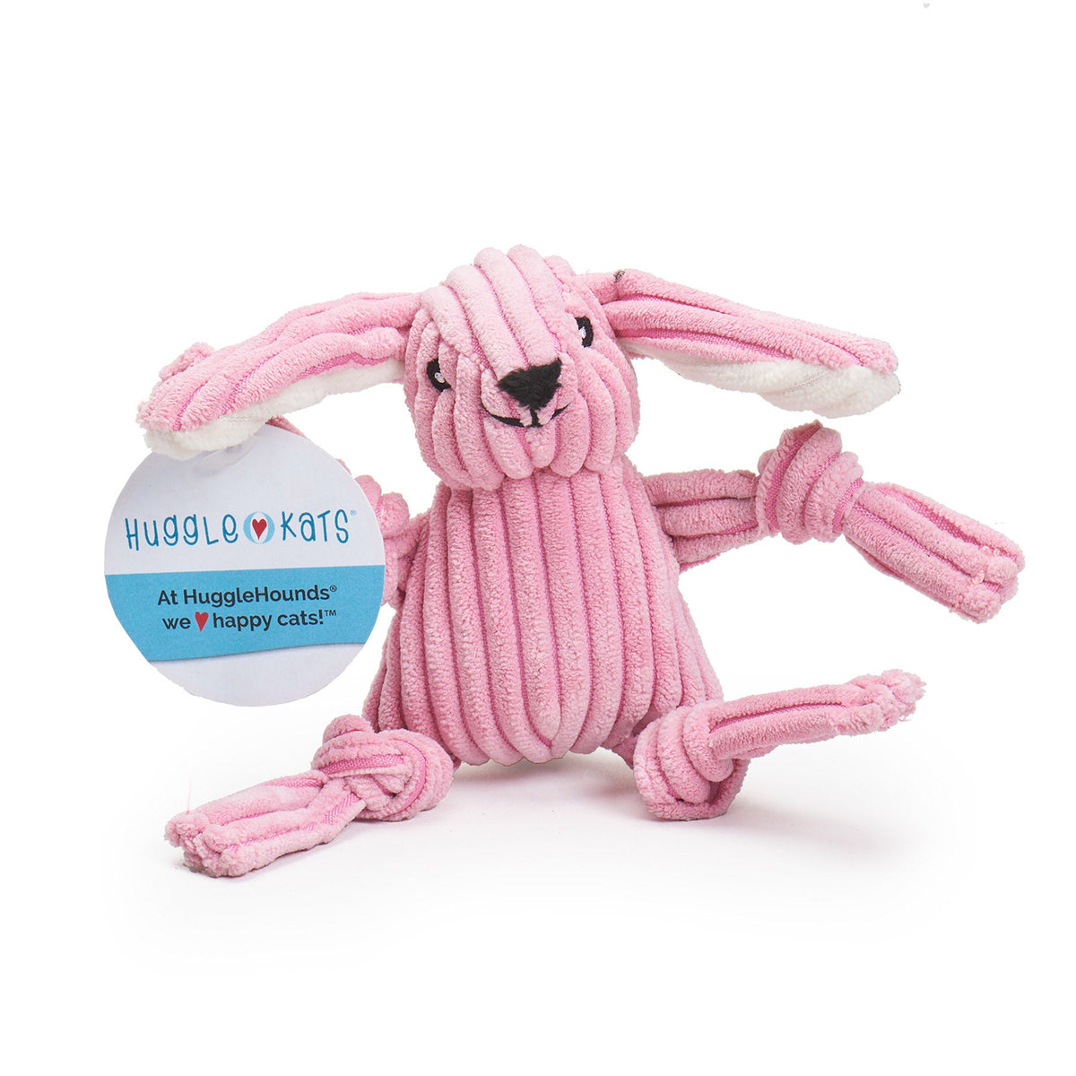 Pink bunny cat toy with a label on a white background.