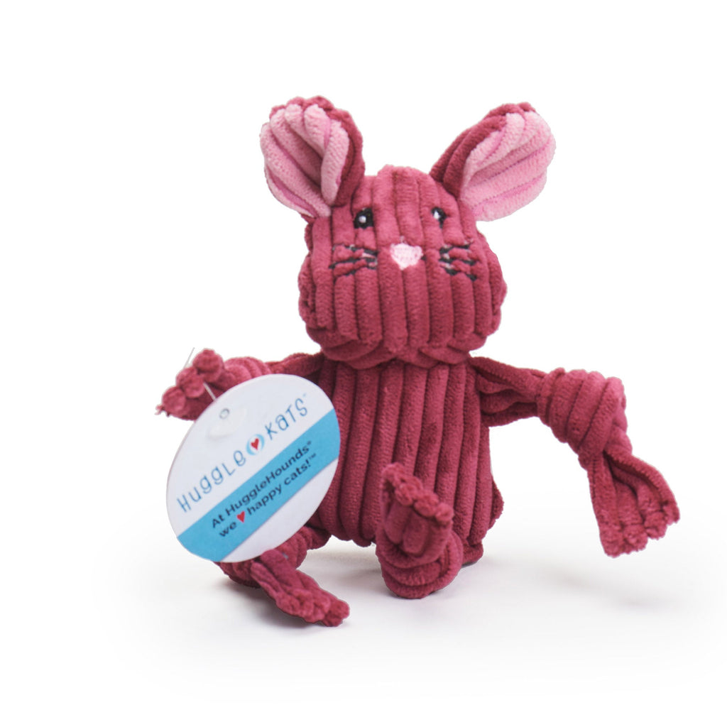 Pink plush mouse cat toy with a tag on a white background.