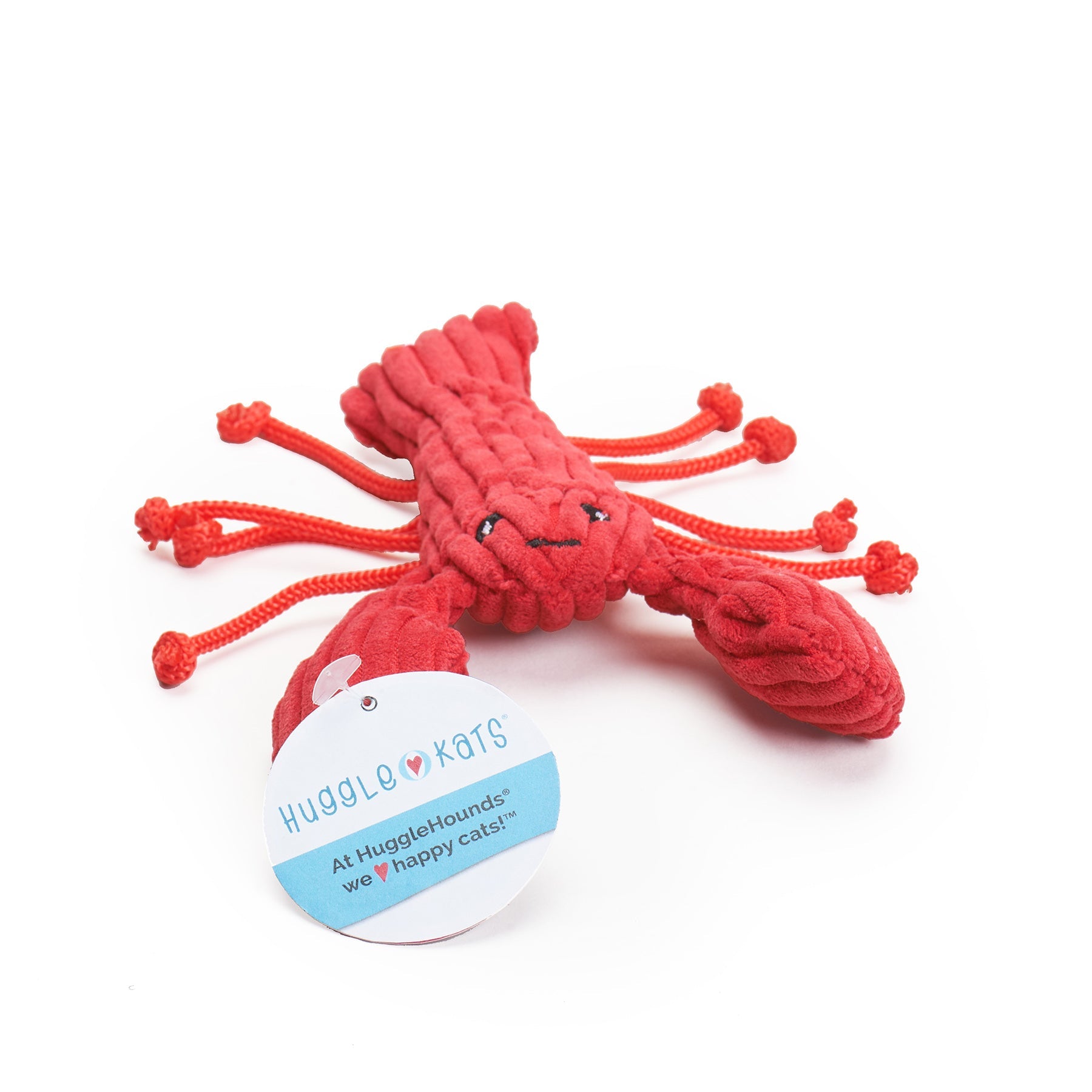 Red lobster-shaped dog toy with a visible brand tag on a white background.
