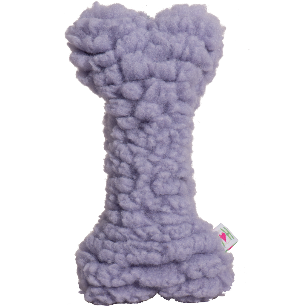 Purple textured dog bone toy on a white background.