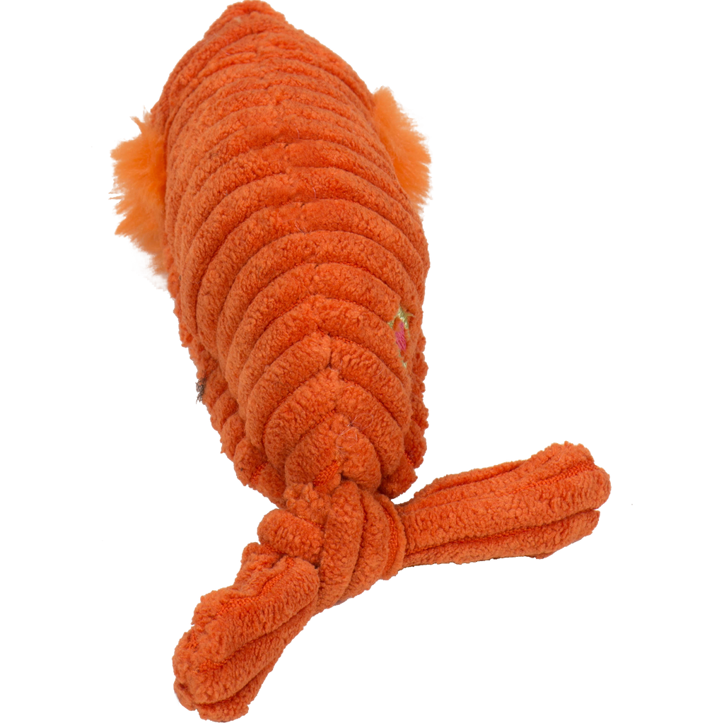 Orange knotted plush shrimp cat toy on a white background.