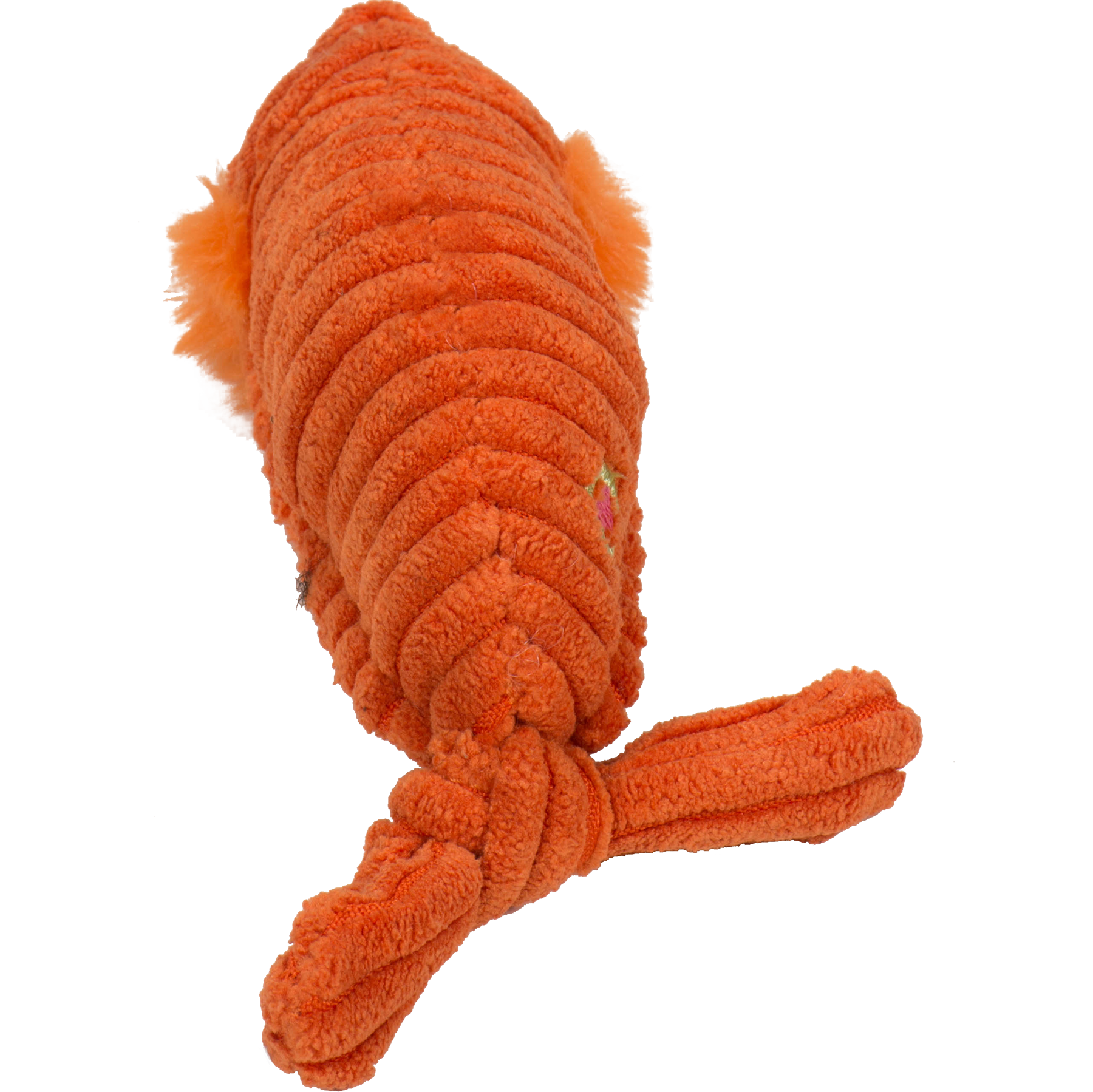 Orange knotted plush shrimp cat toy on a white background.