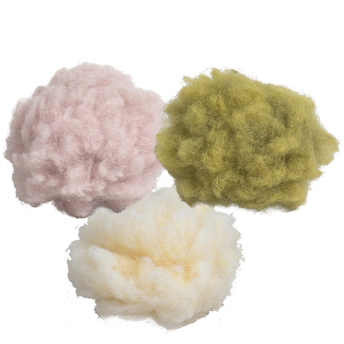 Three balls of wool in pink, green, and white on a white background.