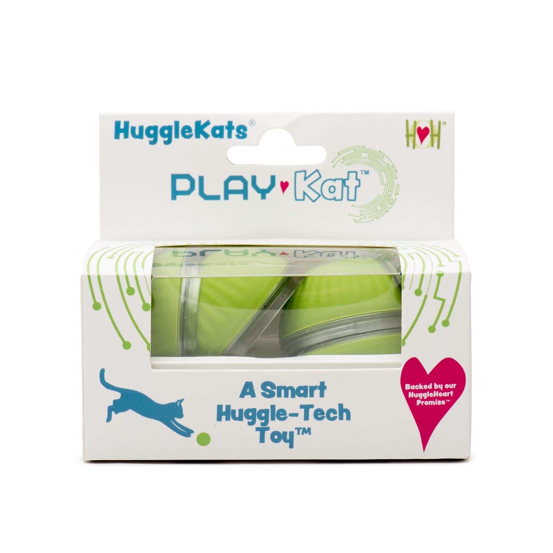 PlayKat product packaging with green toy inside on a white background.