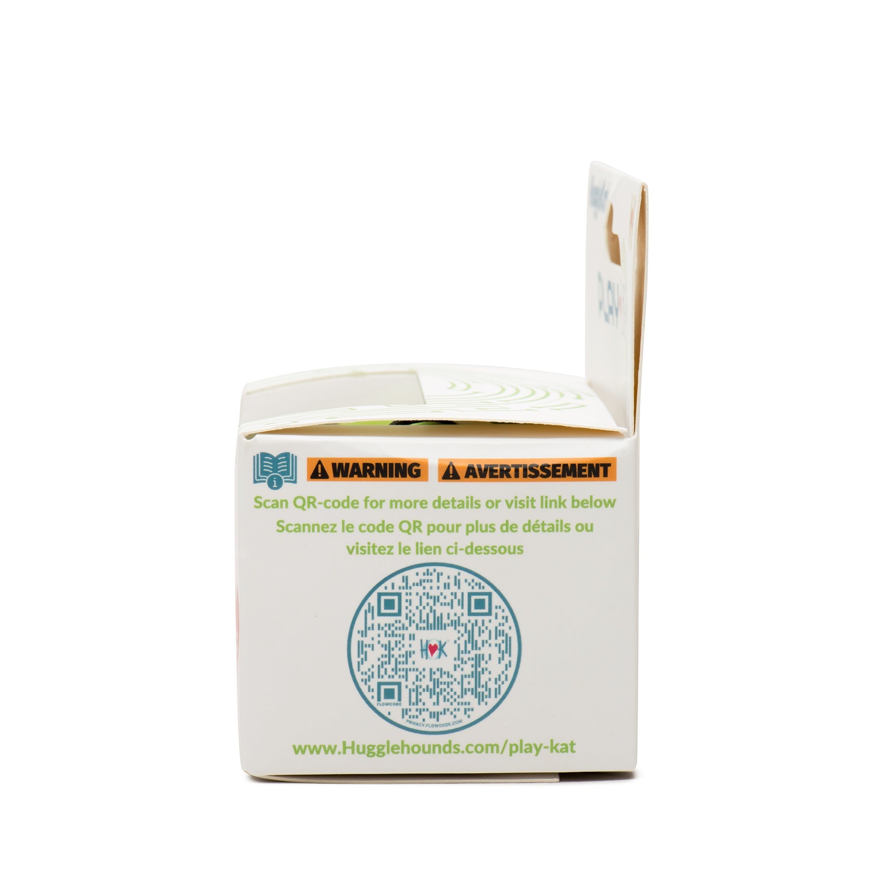 Product packaging with QR code and website URL on a white background.