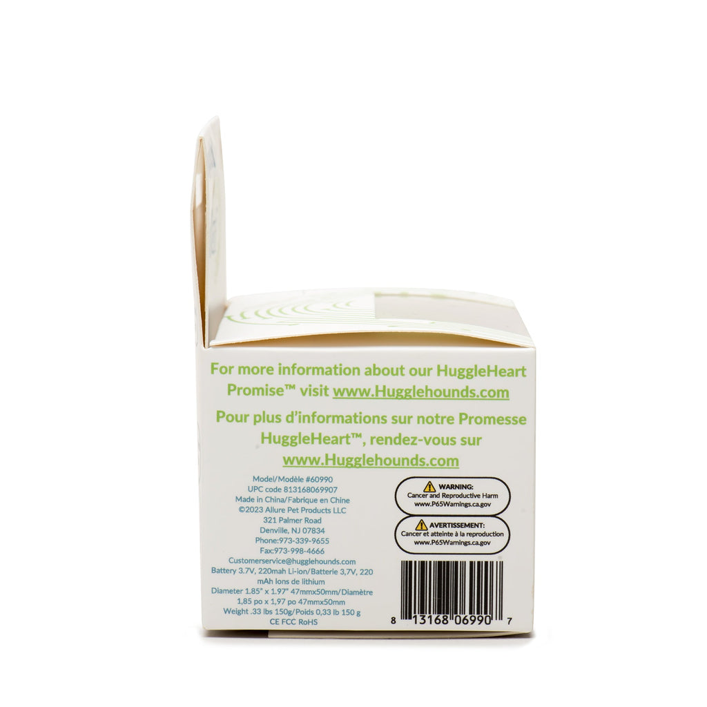 Back of a Hugglehounds product packaging with text and barcode on a white background.