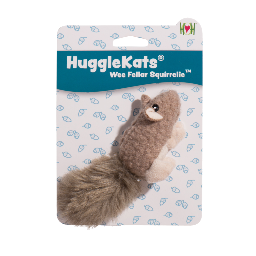 HuggleKats Wee Fellar Squirrellie cat toy packaging on a white background.