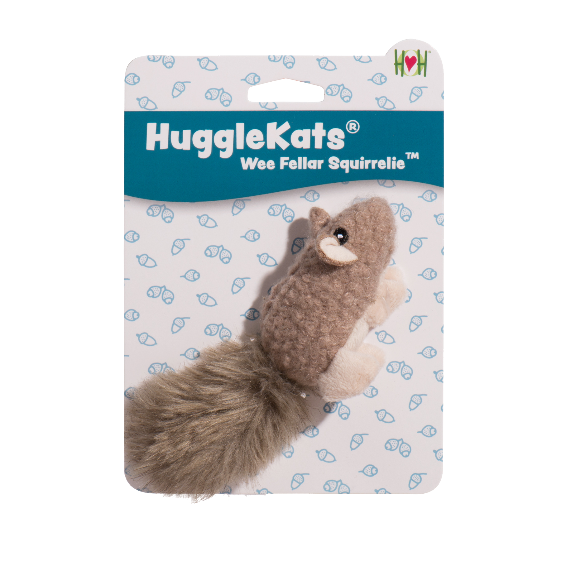 HuggleKats Wee Fellar Squirrellie cat toy packaging on a white background.