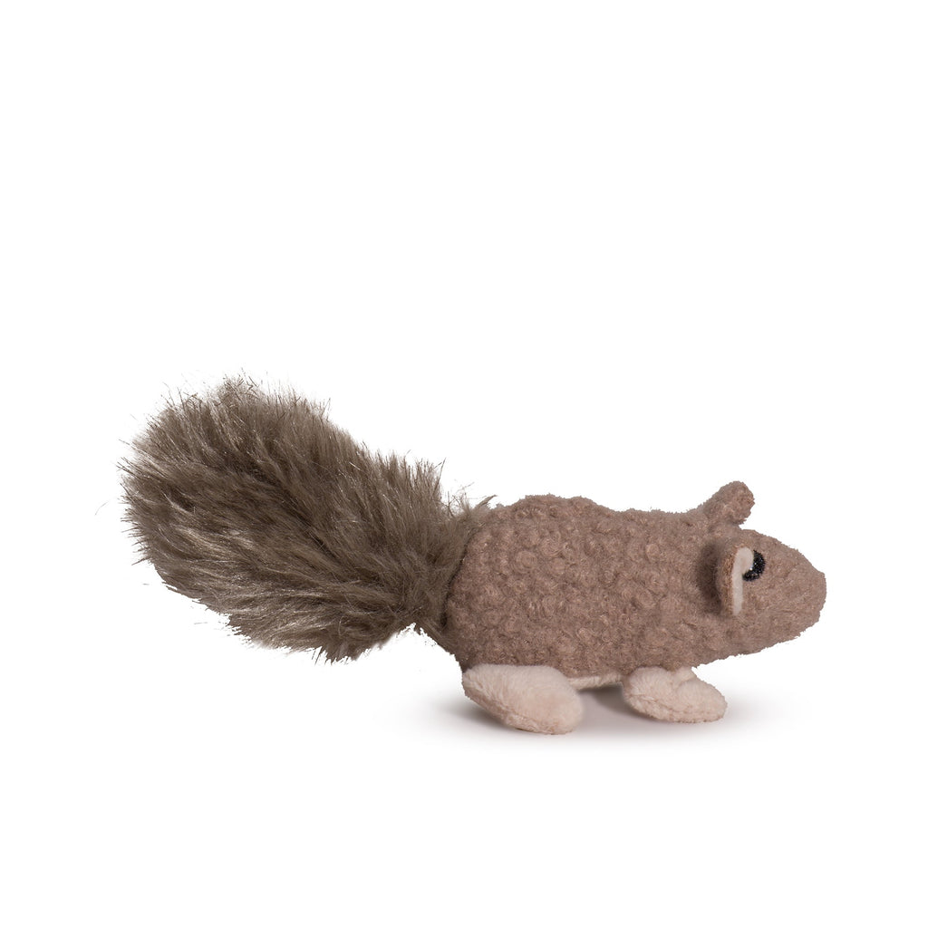 Plush squirrel cat toy on a white background.