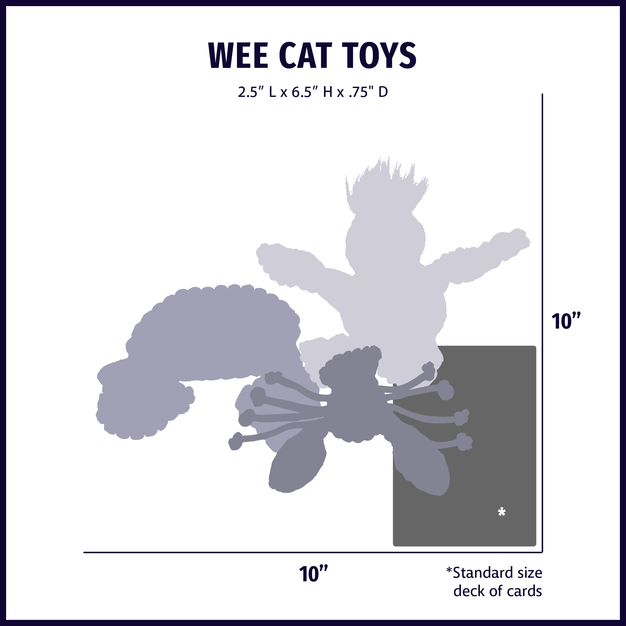 Silhouette of a cat toy with dimensions labeled on a white background.