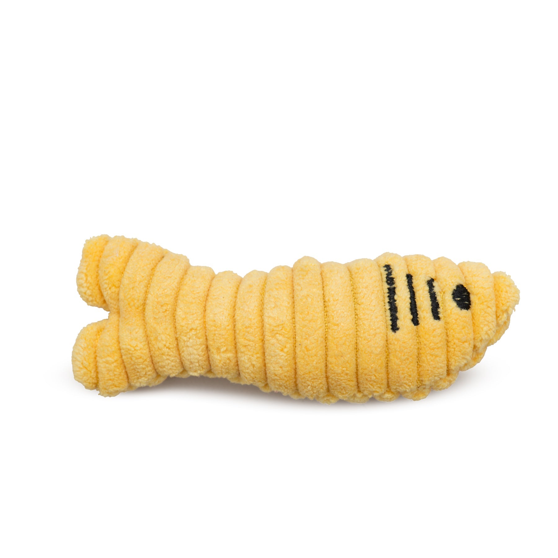 Yellow plush cat fish toy shaped like a worm on a white background.